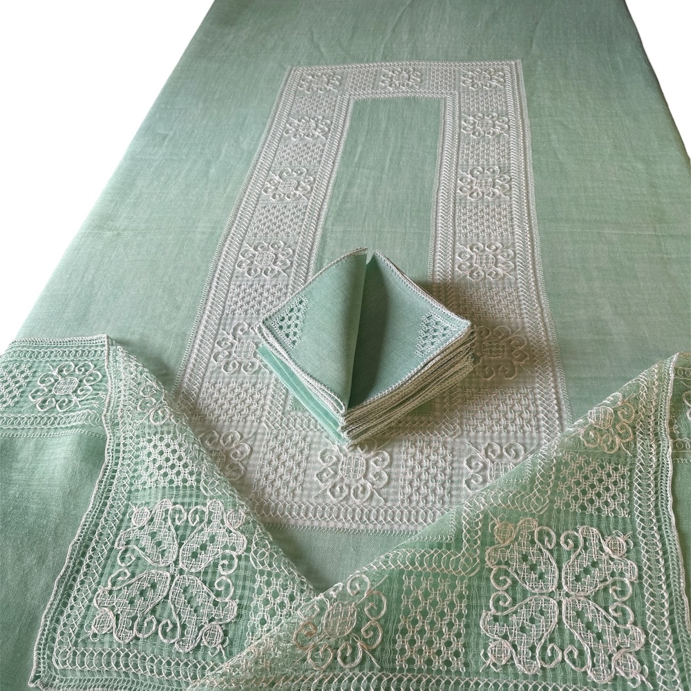 Vintage Italian Embroidered Light Green Linens Set - Image 4