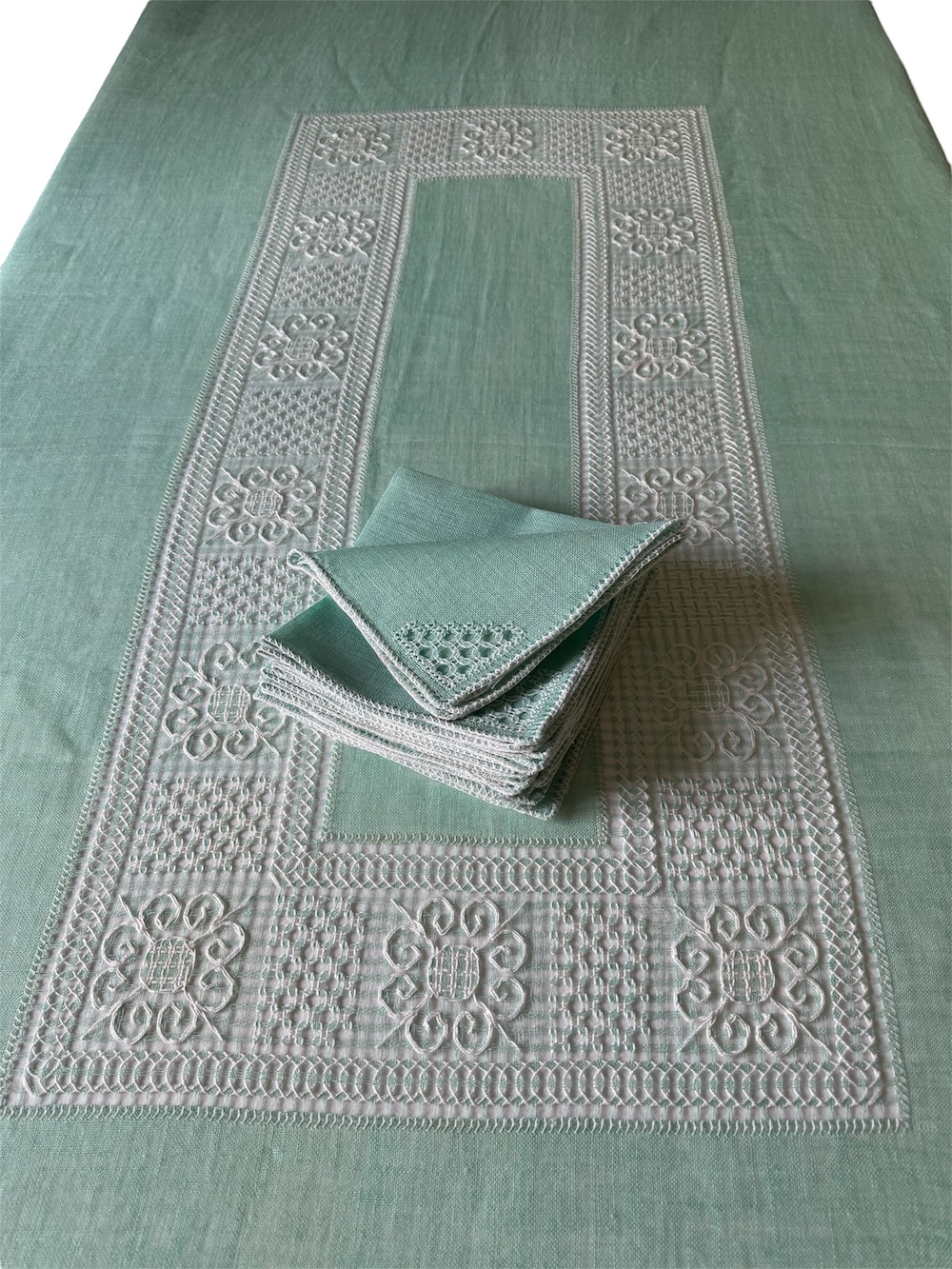 Vintage Italian Embroidered Light Green Linens Set - Image 3