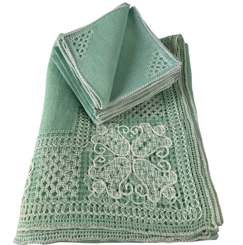 Vintage Italian Embroidered Mint Green Linens Set