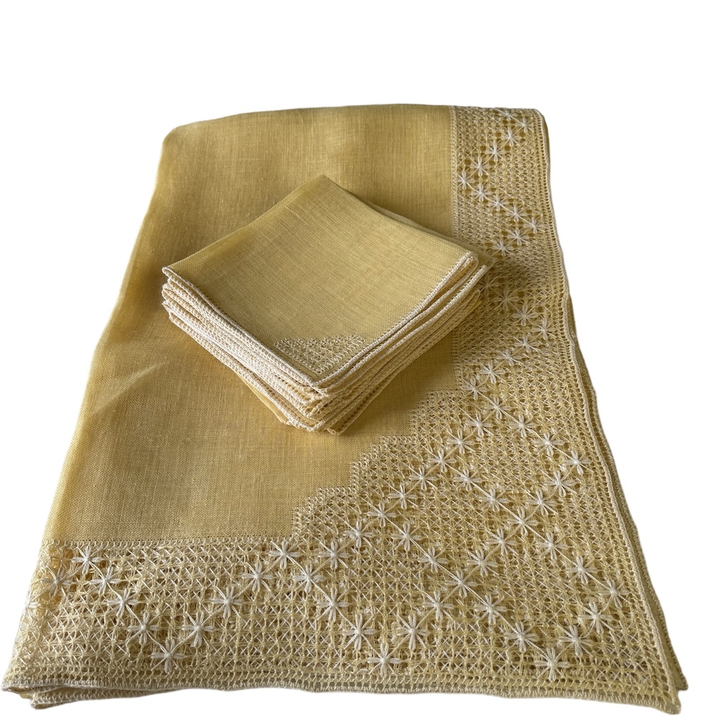 Vintage Italian hand embroidered tablecloth and napkins set in buttermilk yellow
