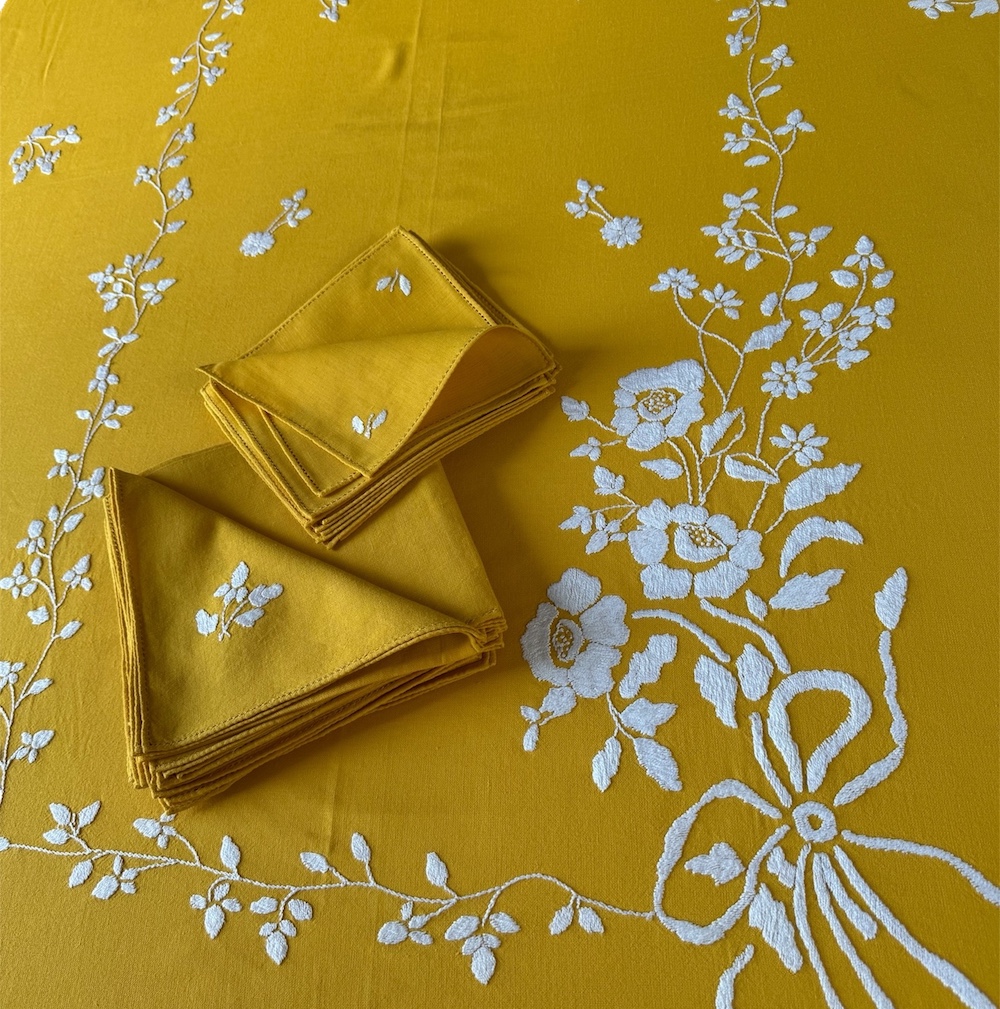 Vintage Italian hand embroidered tablecloth and napkins set in saffron yellow