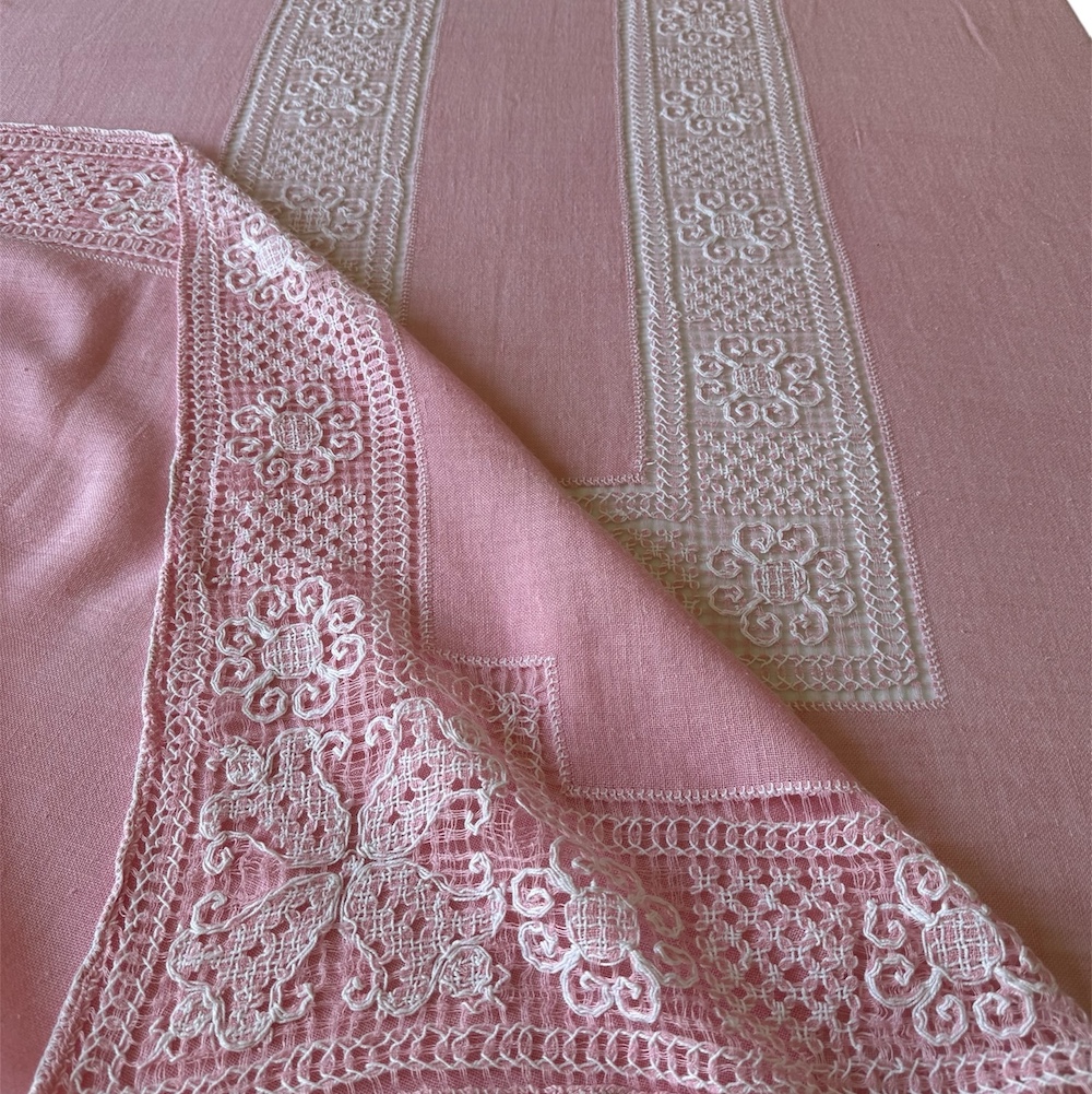 Vintage Pink Italian Embroidered Tablecloth