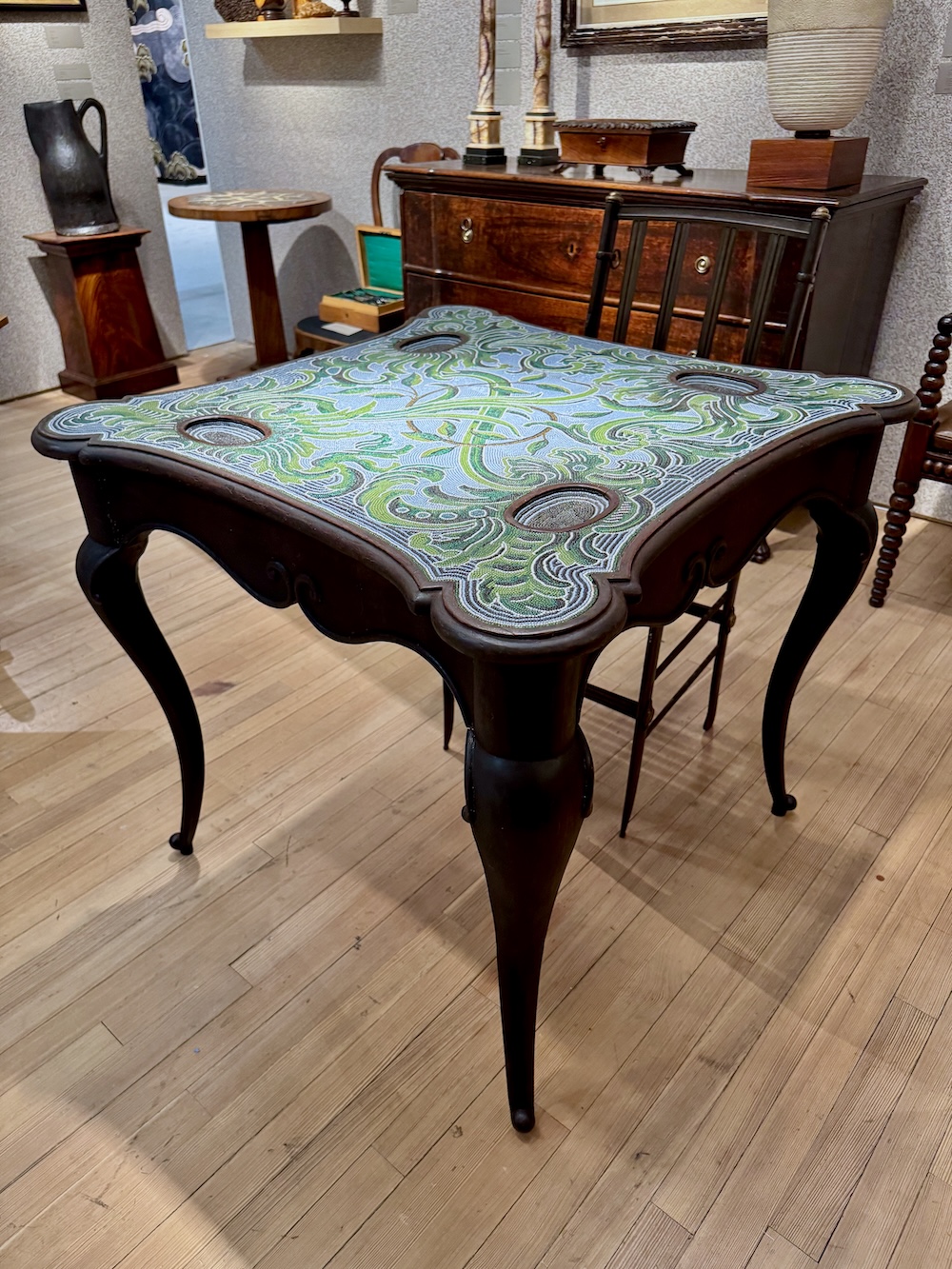 North German Rococo beadwork games table from Cove Landing at The Winter Show via Quintessence