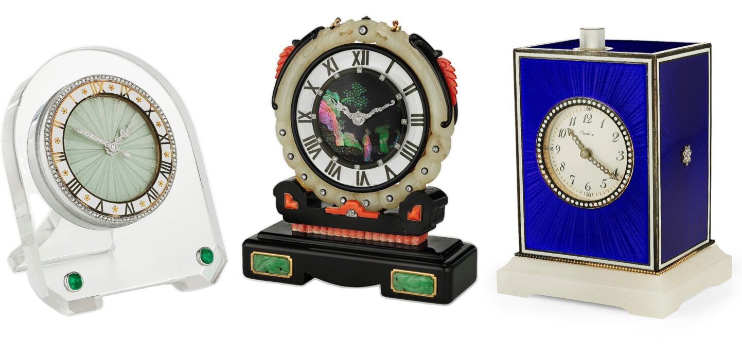 Cartier clocks from the Stream Collection at Christie's via Quintessence