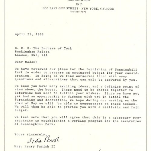 Letter to the Duke & Duchess of York from Sister Parish